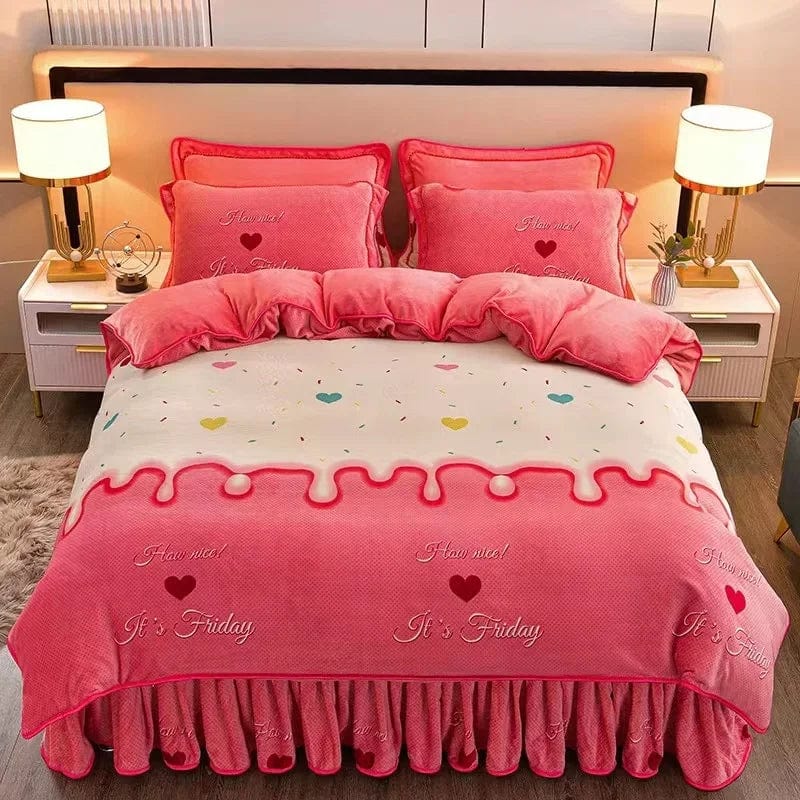 4pcs Set Winter Warm Thicken Short Plush Bedding Set Printing Flannel Duvet Cover Flat Sheet Pillowcase King Queen Bedding Set - SHOWLU FASHION STORE