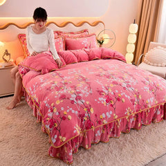 4pcs Set Winter Warm Thicken Short Plush Bedding Set Printing Flannel Duvet Cover Flat Sheet Pillowcase King Queen Bedding Set - SHOWLU FASHION STORE