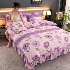 4pcs Set Winter Warm Thicken Short Plush Bedding Set Printing Flannel Duvet Cover Flat Sheet Pillowcase King Queen Bedding Set - SHOWLU FASHION STORE