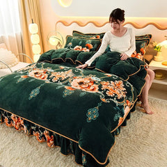 4pcs Set Winter Warm Thicken Short Plush Bedding Set Printing Flannel Duvet Cover Flat Sheet Pillowcase King Queen Bedding Set - SHOWLU FASHION STORE