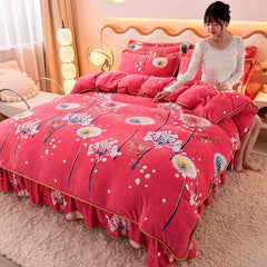 4pcs Set Winter Warm Thicken Short Plush Bedding Set Printing Flannel Duvet Cover Flat Sheet Pillowcase King Queen Bedding Set - SHOWLU FASHION STORE