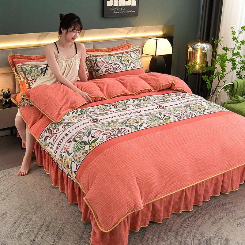 4pcs Set Winter Warm Thicken Short Plush Bedding Set Printing Flannel Duvet Cover Flat Sheet Pillowcase King Queen Bedding Set - SHOWLU FASHION STORE