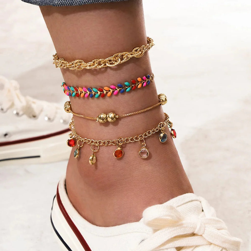 DAIPAN Bohemia shell chain anklet set for women, featuring crystal accents, perfect for summer beach jewelry and trendy ankle accessories.