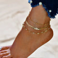 Set of four DAIPAN Bohemia shell chain anklets with crystal accents, stylish beach jewelry for women, perfect for summer and casual wear.