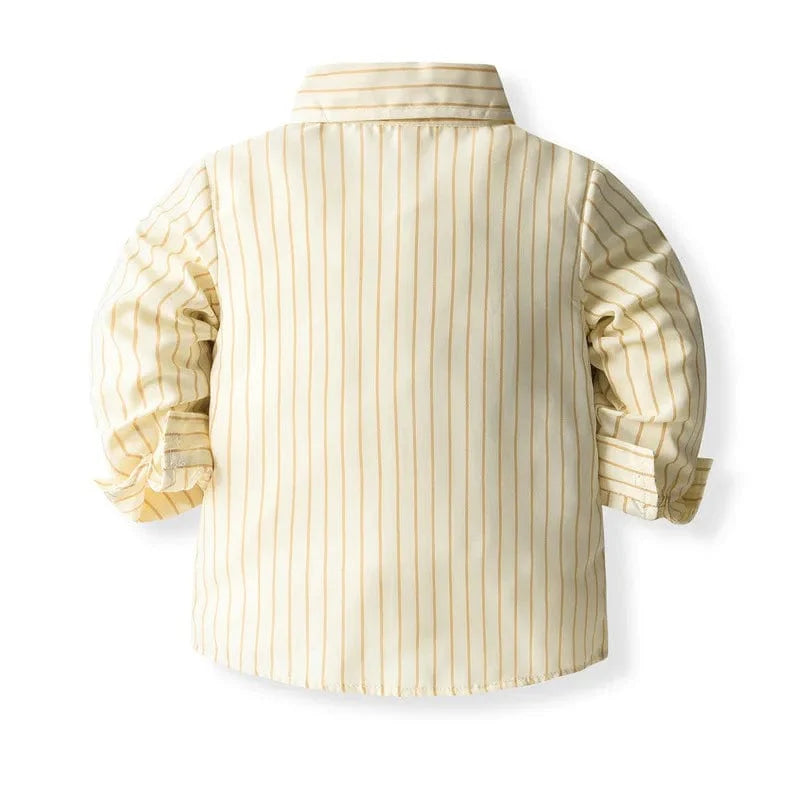 Baby boy striped cotton suit set by Showlu Fashion, includes long-sleeve top, pants, bow, and suspenders for a stylish gentleman look.