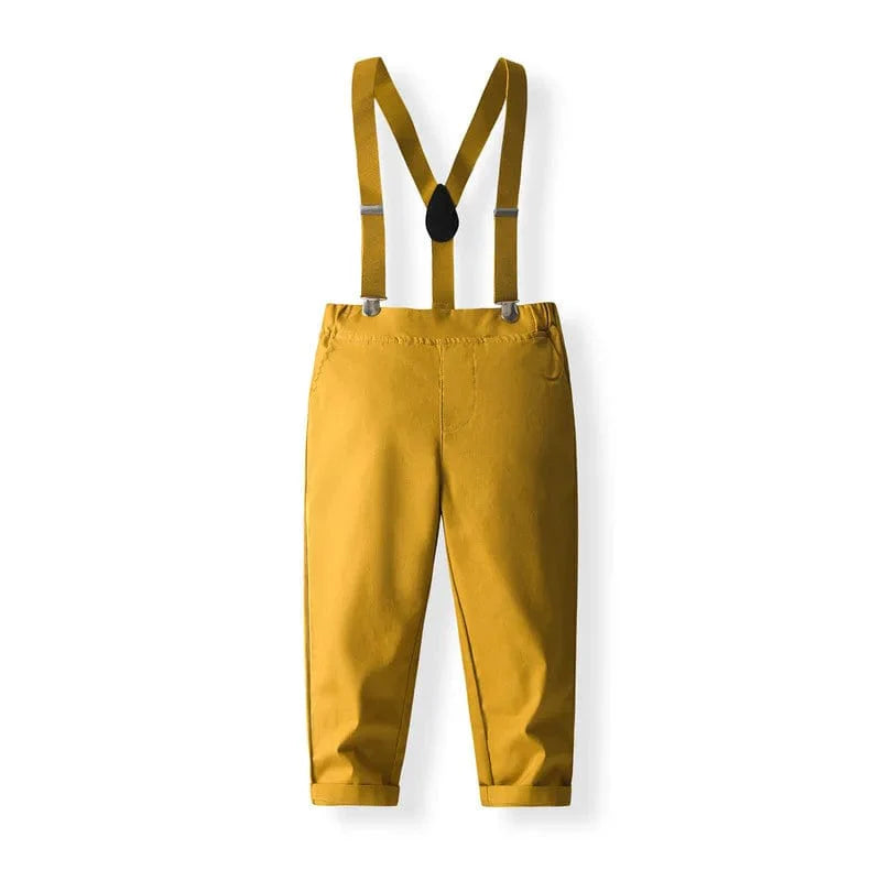 Showlu Fashion Babzapleume baby boy 4-piece striped cotton suit set with long-sleeve top, pants, and bow straps for spring and autumn.
