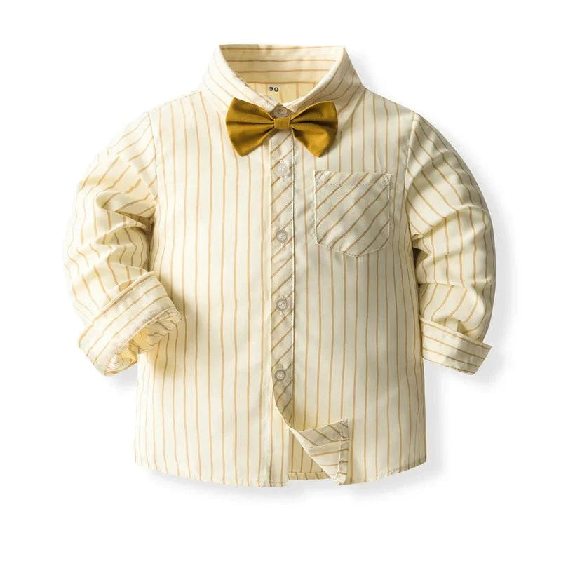 Baby boy striped cotton suit set by Showlu Fashion, includes long-sleeve top, pants, and bow straps, perfect for spring and autumn.
