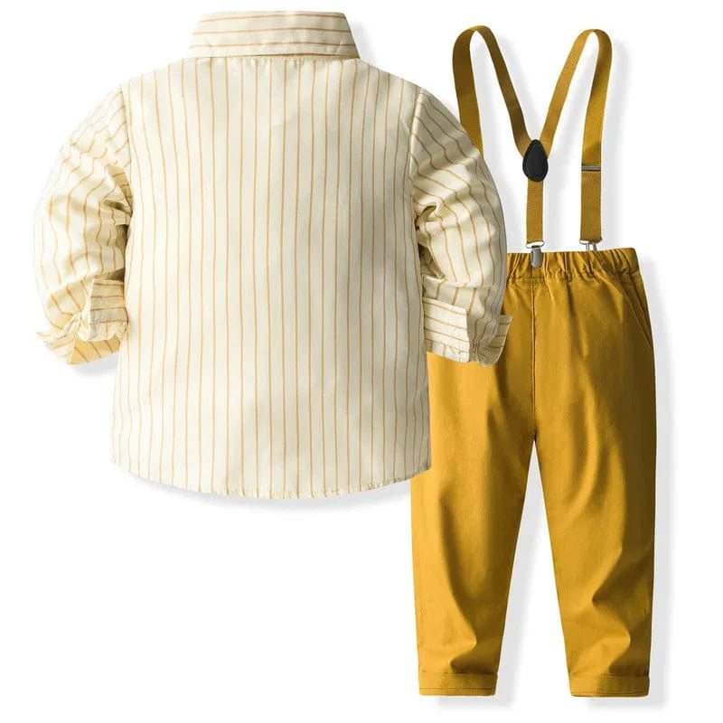 Baby boy striped cotton suit set by Showlu Fashion with long-sleeve top, pants, bow, and straps for stylish spring and autumn wear.