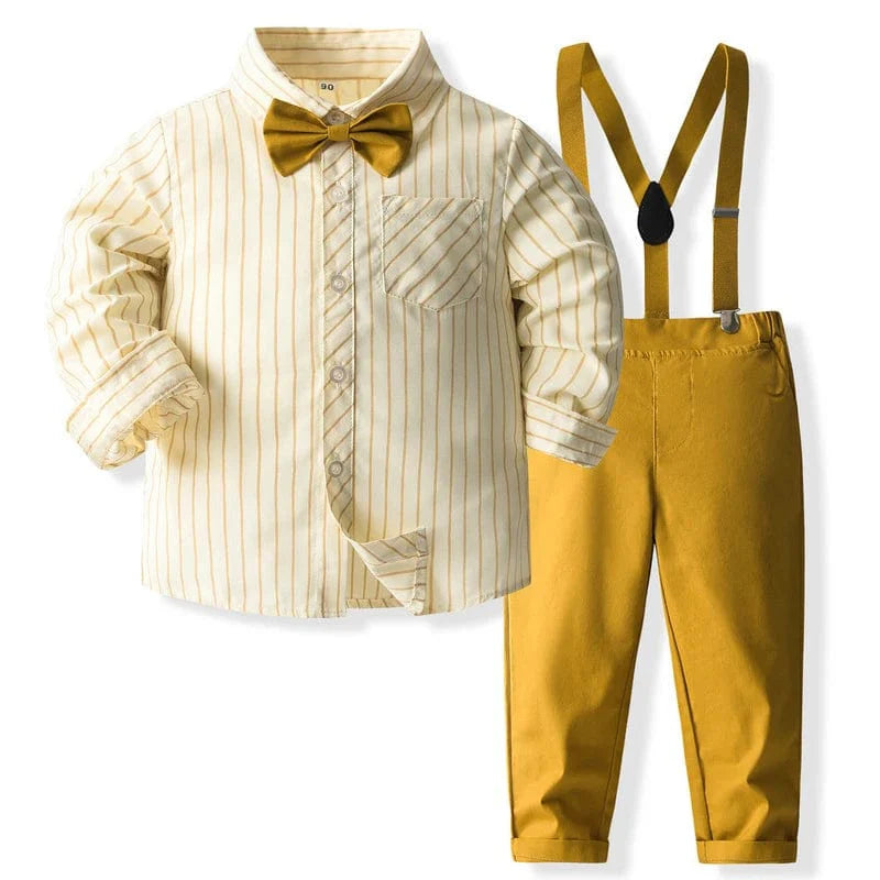 Baby boy striped cotton suit set by Showlu Fashion with long-sleeve top, pants, bow, and suspenders for a stylish, gentleman look.