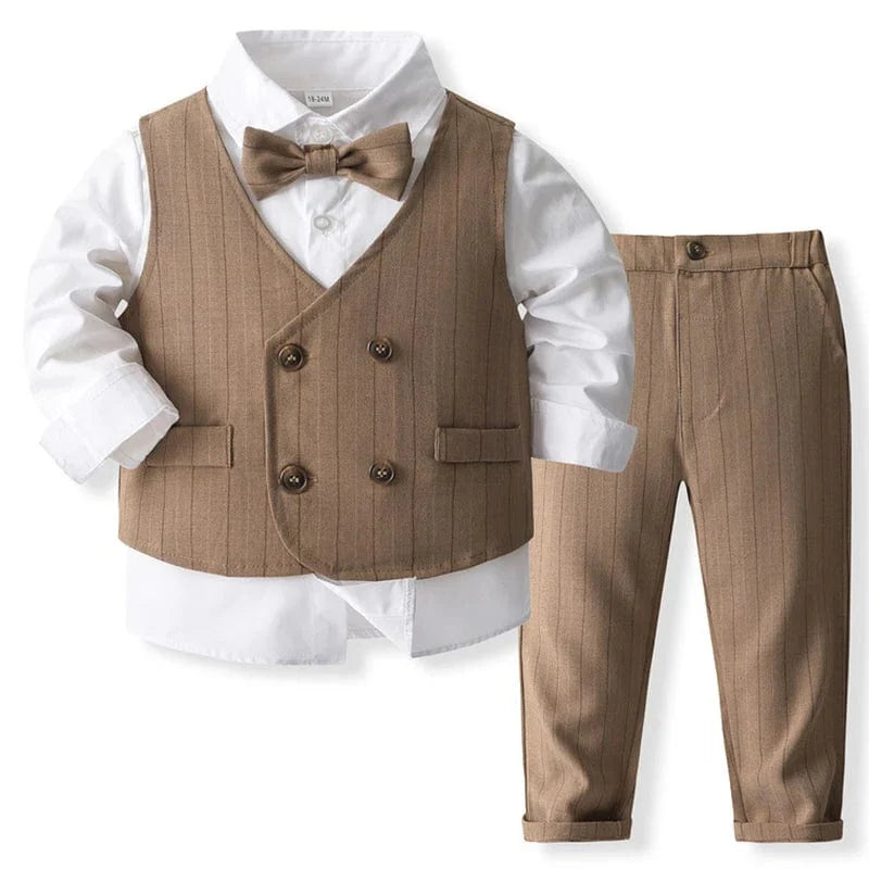Baby boy cotton gentleman suit set with vest, pants, and tie, featuring a stylish spring Korean fashion look for toddlers.