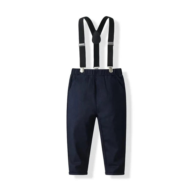 Babzapleume boys' 4-piece cotton gentleman suit set with shirt, pants, tie, and straps featuring long sleeves and classic style.