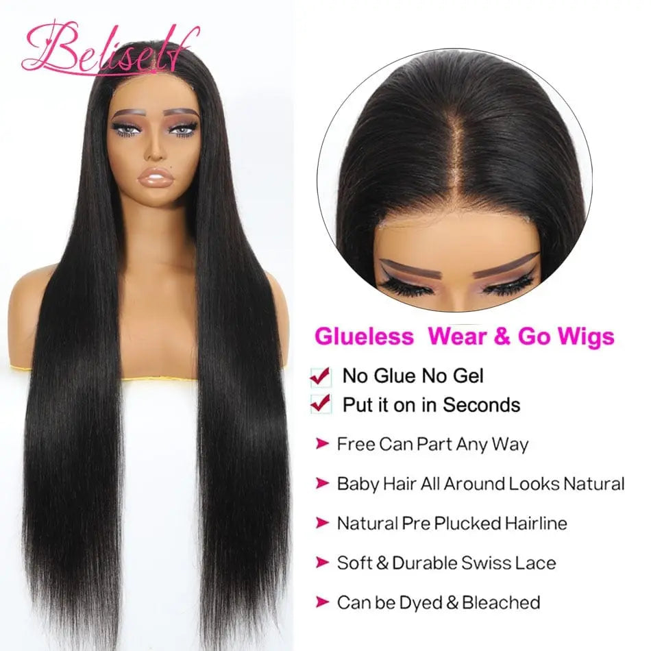 Beliself 4x6 glueless straight human hair wig with HD lace, pre-plucked, Brazilian Remy hair, ready to wear, natural look.