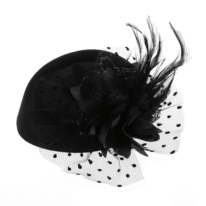 Women's fascinator hat by Showlu Fashion with feather flower, pillbox style, veil, perfect for cocktail or tea parties.