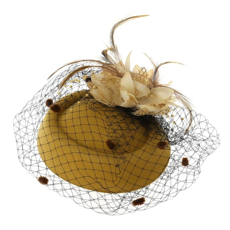 Women's fascinator hat with feather flower, veil, and pillbox design, stylish headwear for parties and special occasions.