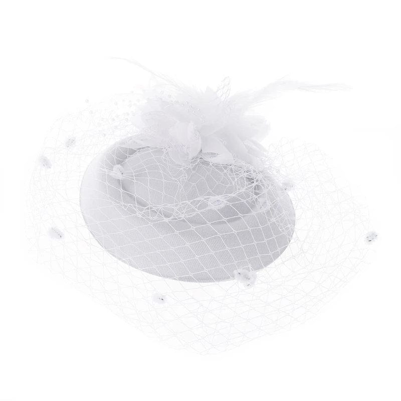 Women's feather flower pillbox fascinator hat with veil, solid color, elegant headwear for cocktail and tea parties.