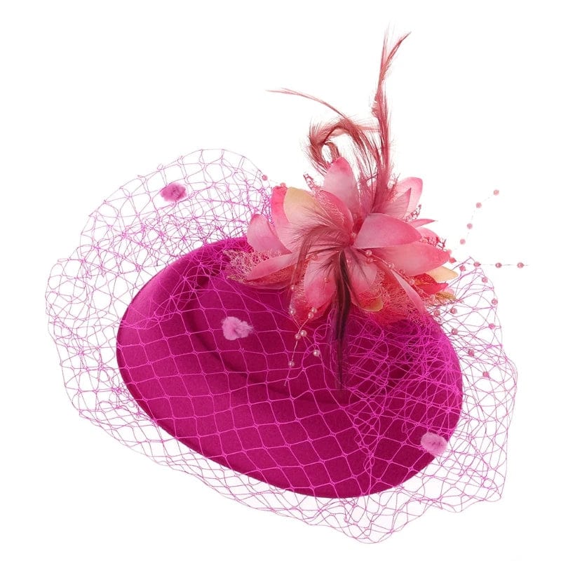 Women's feather flower pillbox fascinator hat with veil, stylish cocktail and tea party headwear for girls and women.