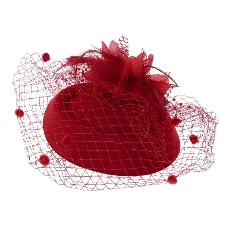 Women's fascinator hat with feather flower design, pillbox style, veil, perfect for cocktail or tea parties, by THINKTHENDOM.