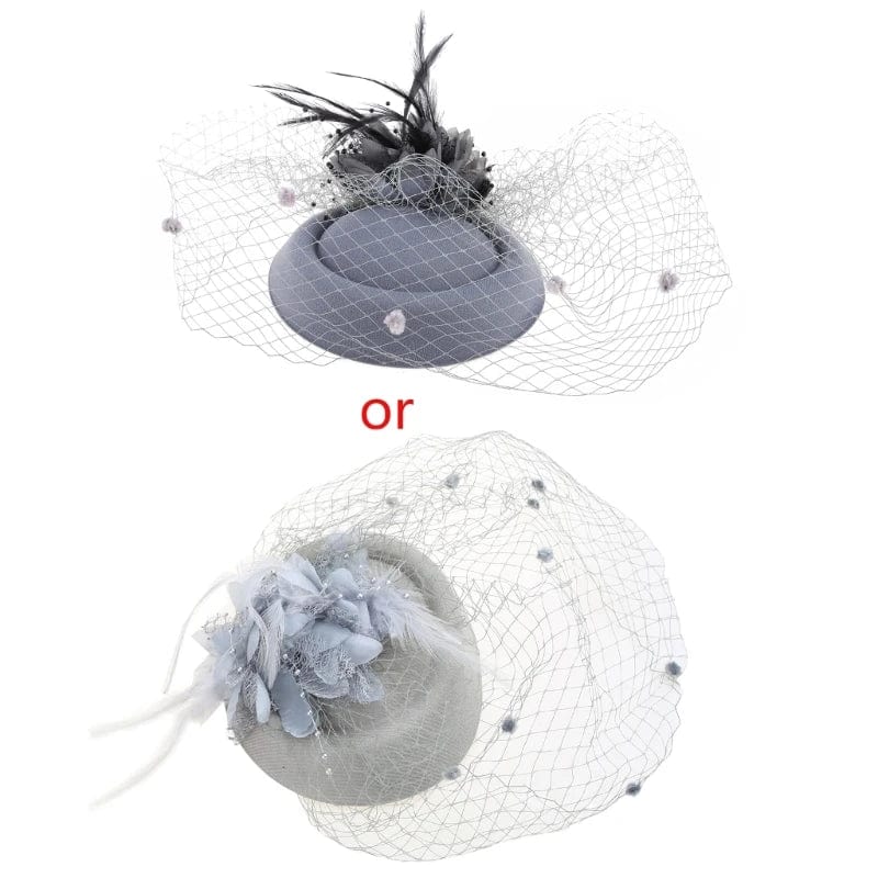 Showlu Fashion Women's Fascinator Hat with feather flower design, veil, and pillbox style for elegant tea parties and special events.