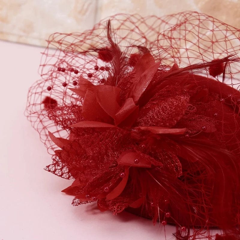 THINKTHENDOM Women's feather flower pillbox fascinator hat with veil, solid color, elegant cocktail and tea party headwear for women