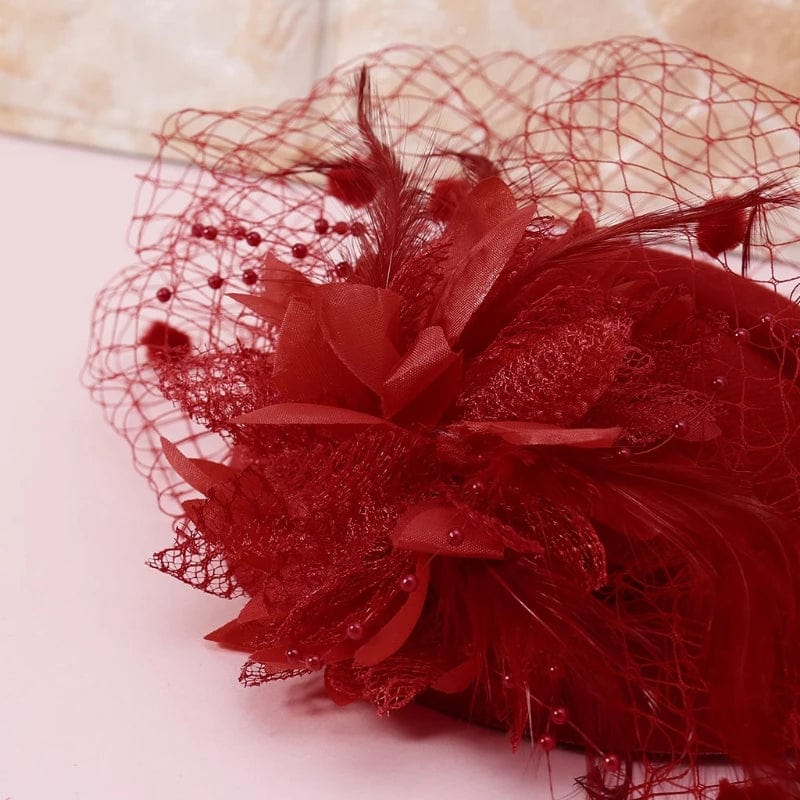 4XBE Fascinators Hats Solid Color Feather Flower Pillbox Hat Cocktail Tea Party Headwear with Veil for Girls and Women - SHOWLU FASHION STORE