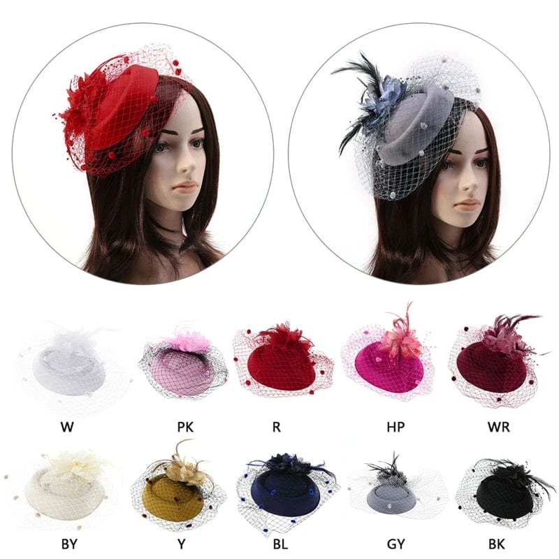 Showlu Fashion Women's fascinator hat with feather flower, veil, and pillbox design, perfect for cocktail and tea parties.