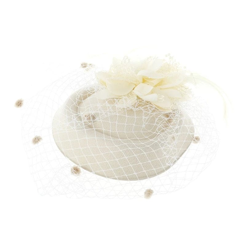 Women's fascinator hat by Showlu Fashion with feather flower, veil, and pillbox design, perfect for weddings, tea parties, or special events.