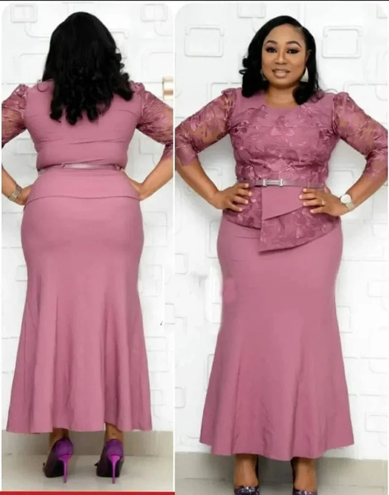 Plus size women's Christmas lace patchwork maxi dress with long sleeves and O-neck, ideal for holiday parties.