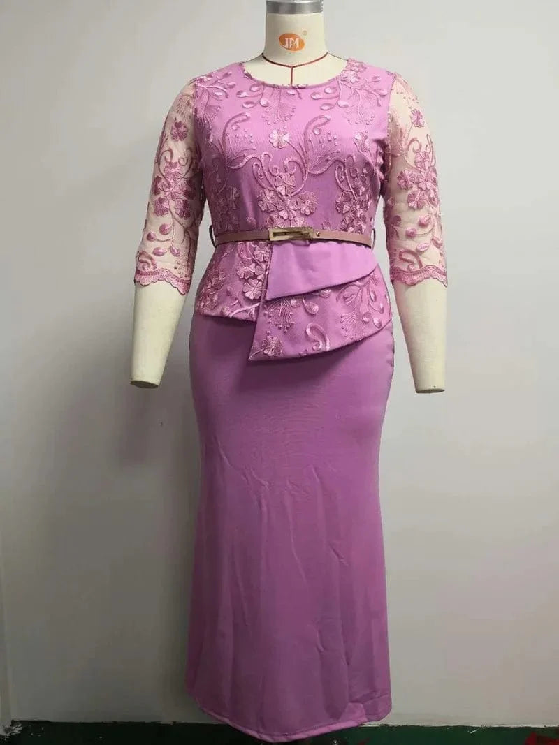 Plus size Christmas lace patchwork maxi dress for women, featuring long sleeves and O-neck, perfect for holiday parties.