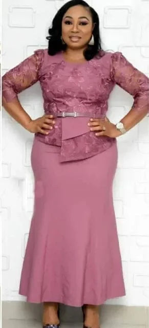 Plus size women's Christmas lace patchwork maxi dress with long sleeves and O-neck, perfect for festive parties.