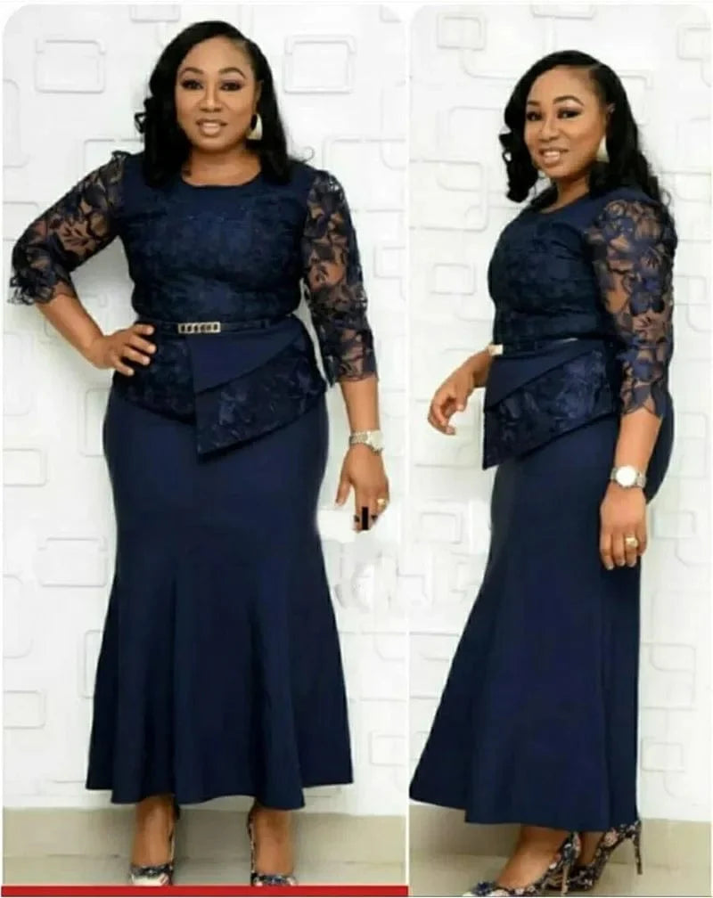 Plus size Christmas lace patchwork maxi dress for women, with O-neck and long sleeves, perfect for holiday parties.