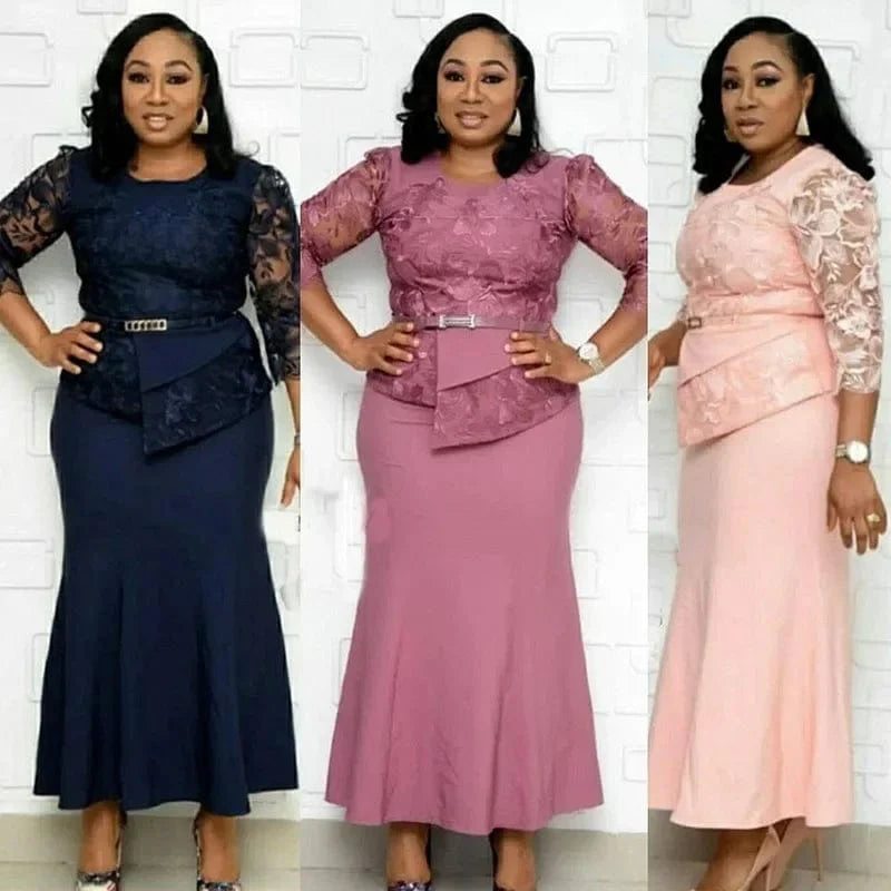 Plus size Christmas lace patchwork maxi dress for women, featuring long sleeves and O-neck, perfect for party and holiday celebrations.