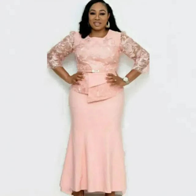 Plus size women's Christmas lace patchwork maxi dress with long sleeves, o-neck, suitable for parties and festive occasions.