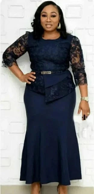 Plus size Christmas lace patchwork maxi dress for women, featuring long sleeves, O-neck, and elegant party style by SHOWLU FASHION STORE
