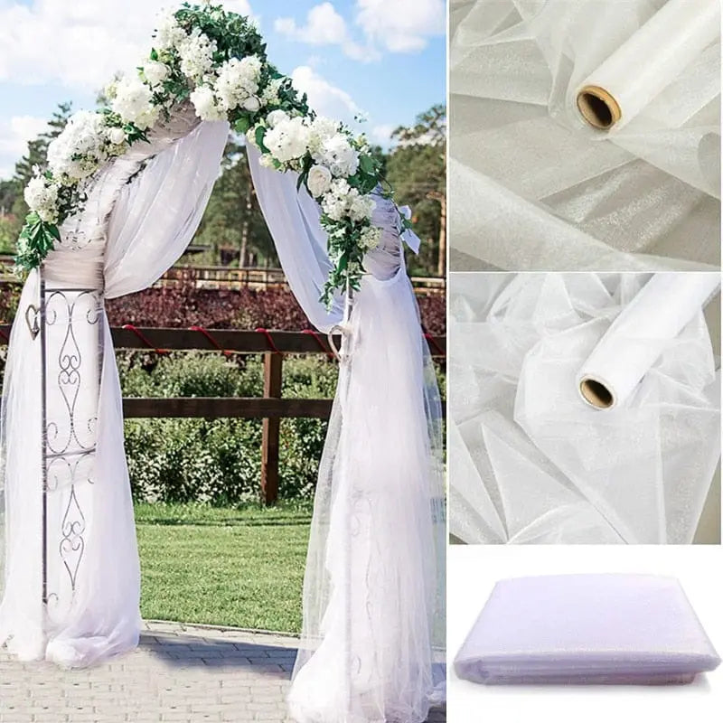 Showlu Store Nation sheer crystal organza tulle roll for wedding and party decor, shown in 5-10 meter lengths.