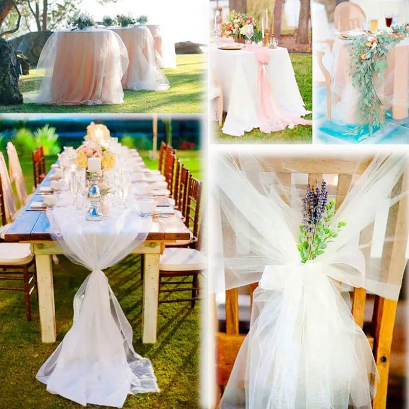 Sheer crystal organza tulle roll for wedding and party decor, shown in 5/10 meter lengths, ideal for DIY wedding backdrops and chair sashes.