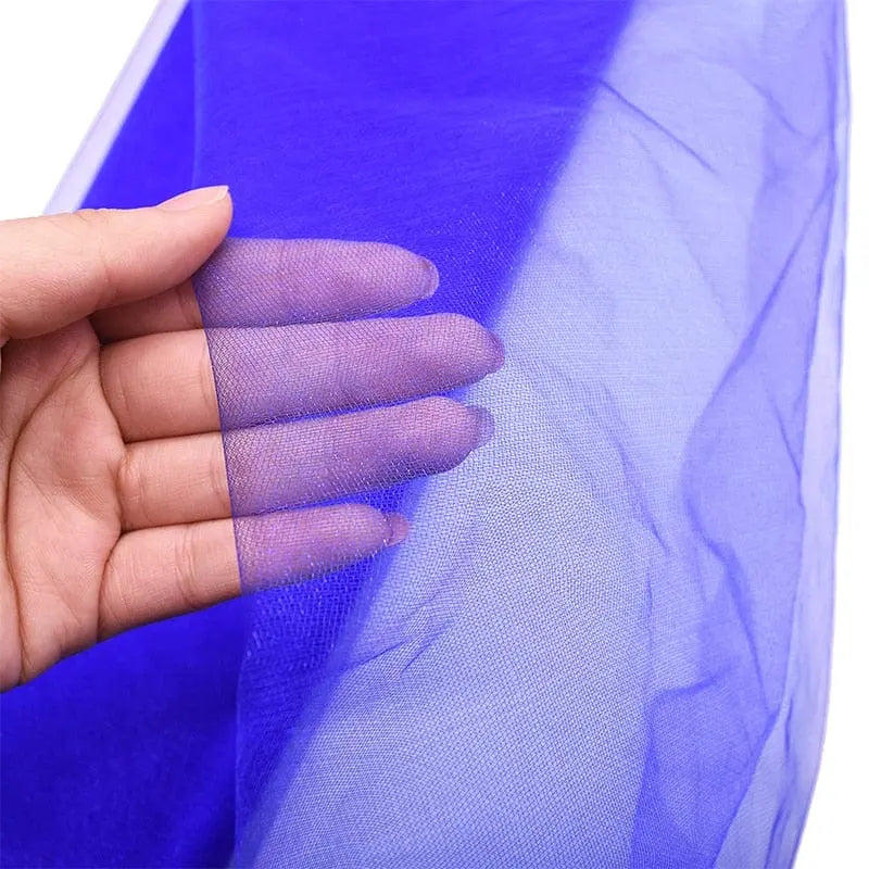 Sheer crystal organza tulle roll for wedding and party decor, showing translucent fabric in 5/10 meters, ideal for DIY decorations.