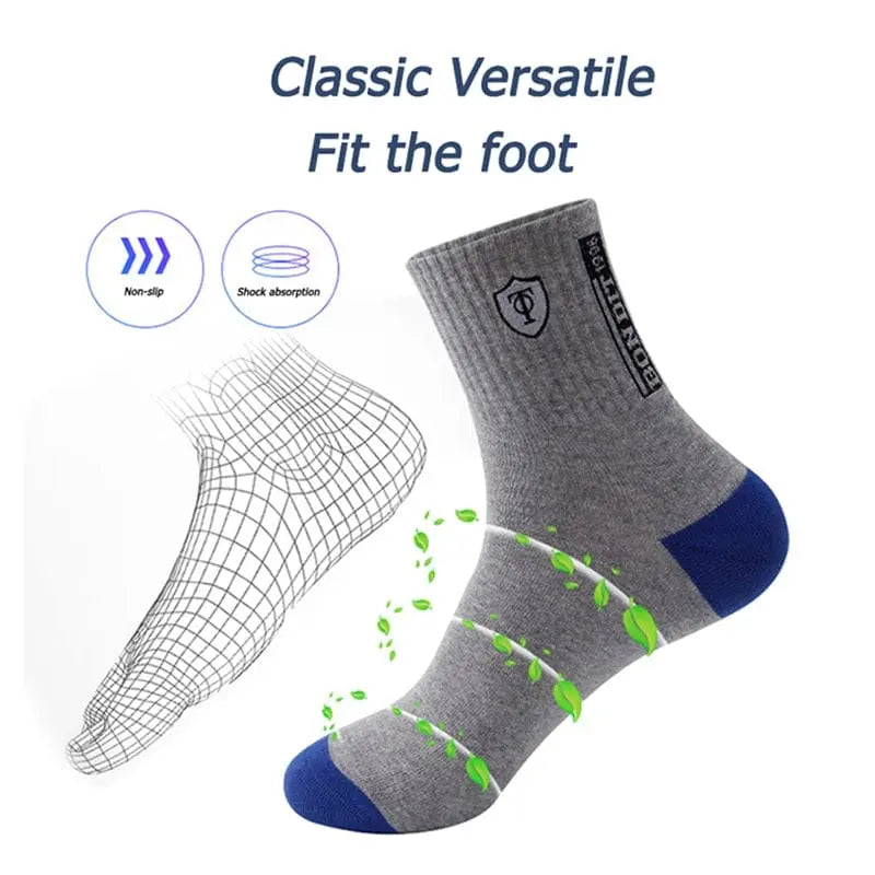 Set of five men's cotton sports socks by Showlu Fashion Store, breathable, sweat-absorbent crew socks for summer and casual wear.