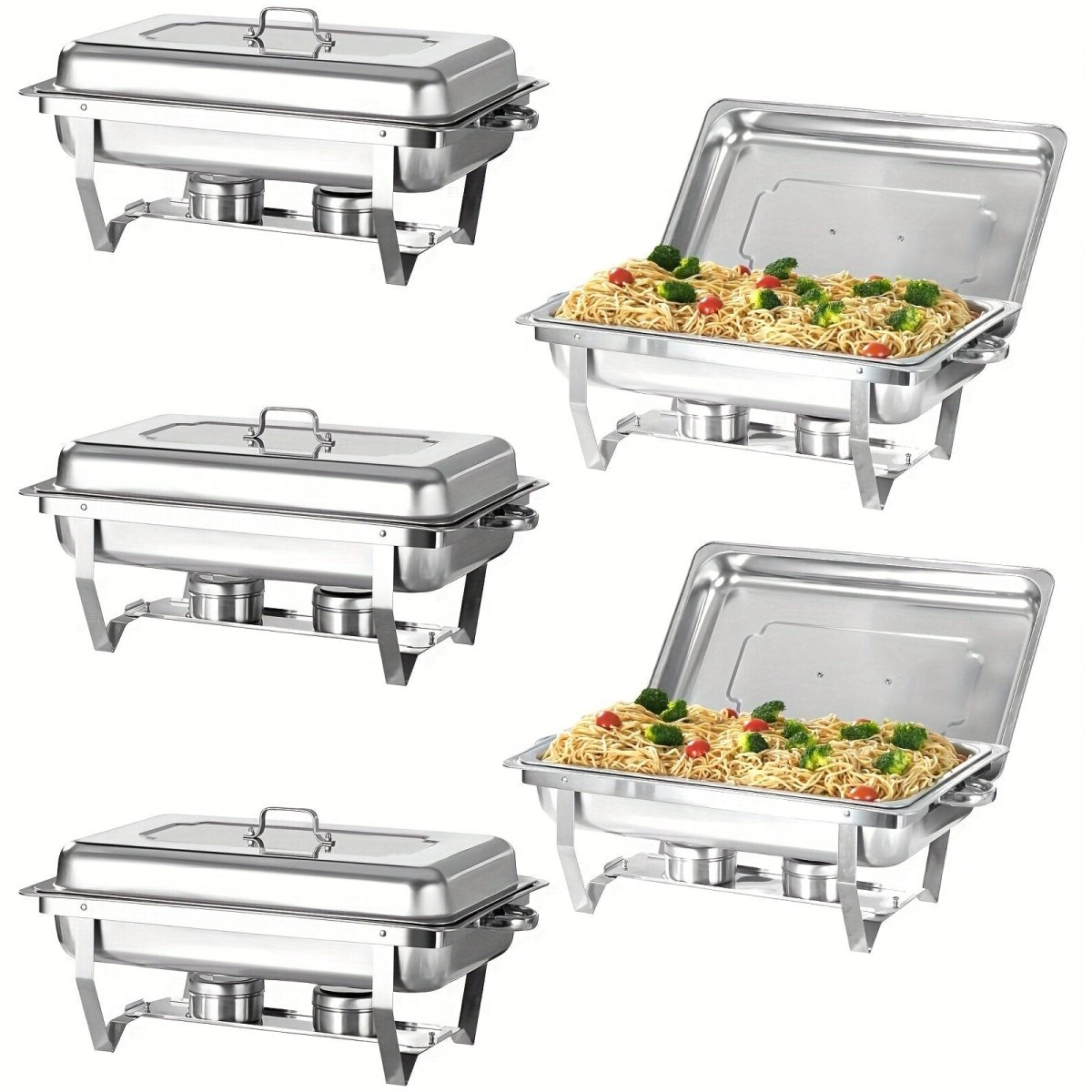 Showlu 5-pack 8QT stainless steel chafing dish buffet set with lids, food pans, water pan, and fuel holders for catering.