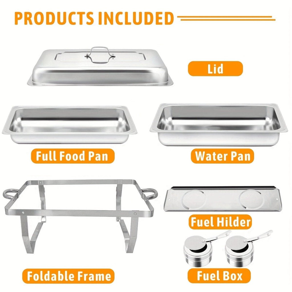 Showlu 5-pack 8QT stainless steel chafing dish buffet set with lids, food pans, water pan, and fuel holders for catering.