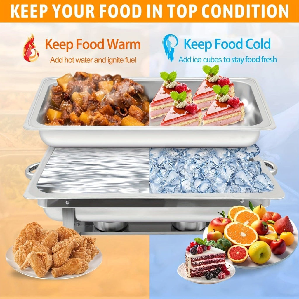 Showlu 5-pack 8QT stainless steel chafing dish buffet set with lids, food pans, water pan, and fuel holders for catering and restaurant use.