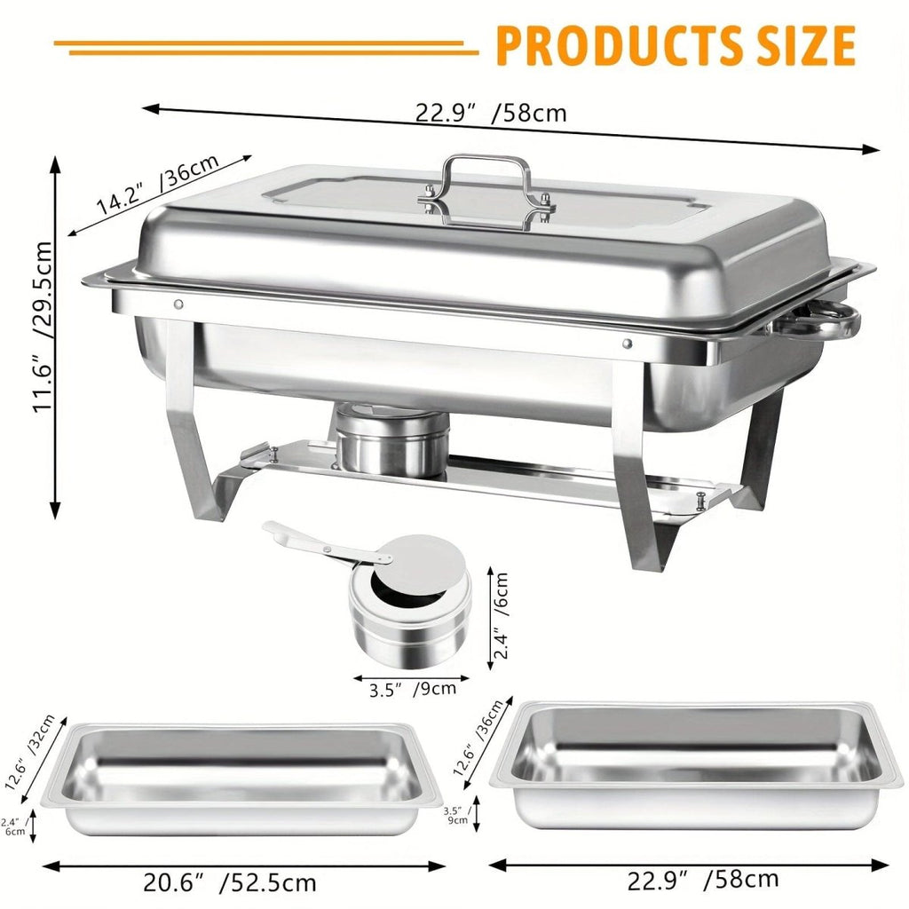 Showlu 5-pack 8QT stainless steel chafing dish buffet set with lids, food pans, water pan, and fuel holders for catering.