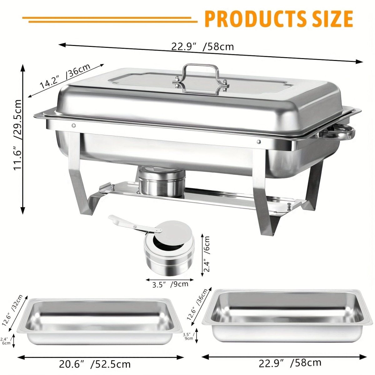 Showlu 5-pack 8QT stainless steel chafing dish buffet set with lids, food pans, water pan, and fuel holders for catering.
