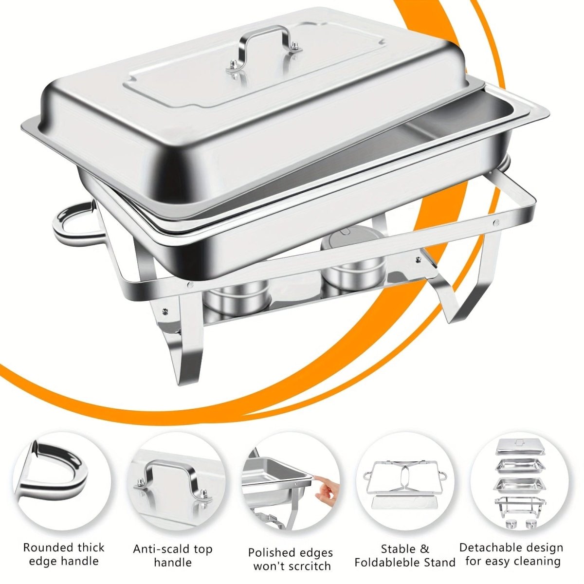 Showlu 5-pack 8QT stainless steel chafing dish buffet set with lids, food pans, water pan, and fuel holders for catering.
