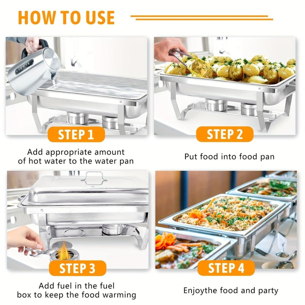 Showlu 5-pack 8QT stainless steel chafing dish buffet set with lids, food pans, water pan, and fuel holders for catering.