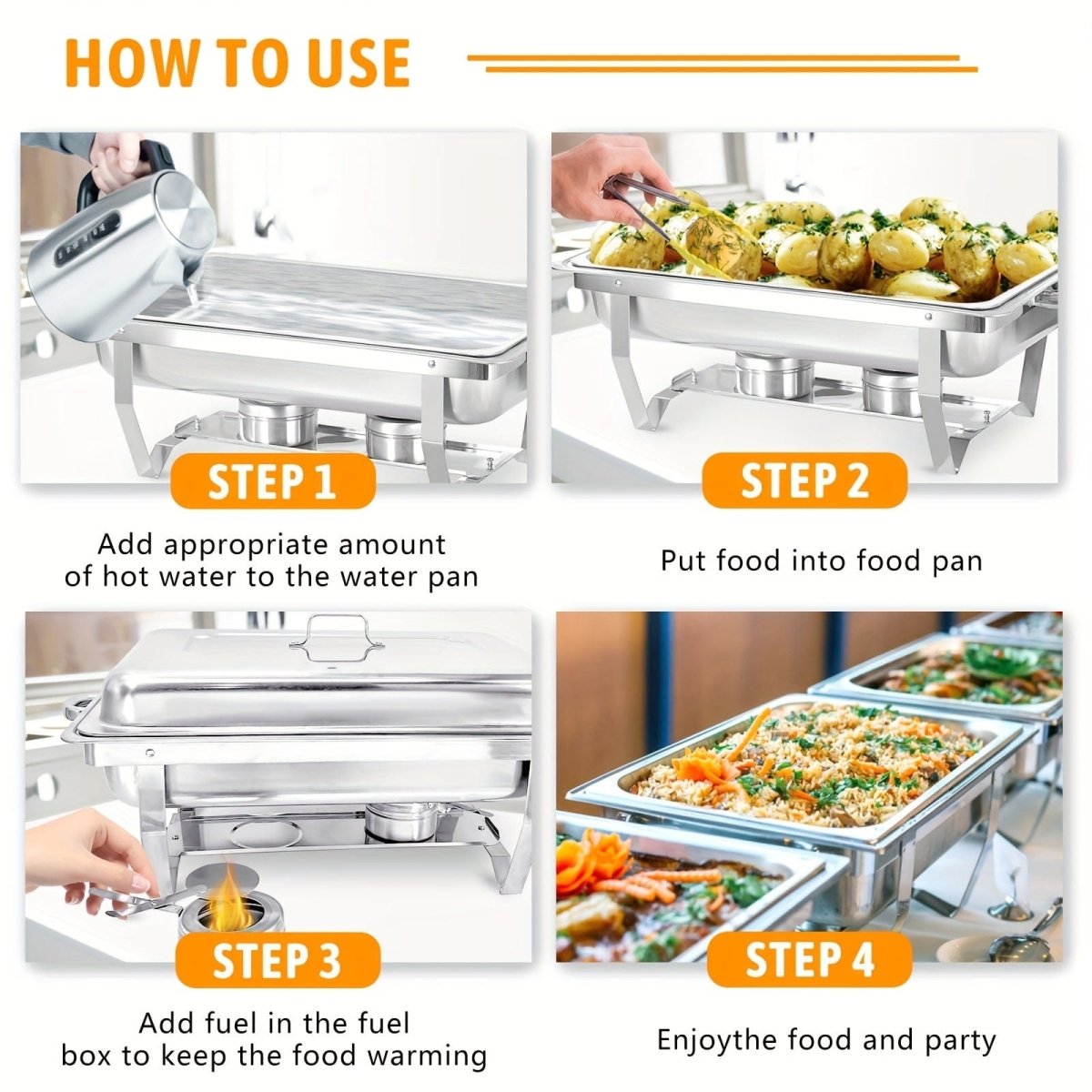 Showlu 5-pack 8QT stainless steel chafing dish buffet set with lids, food pans, water pan, and fuel holders for catering.