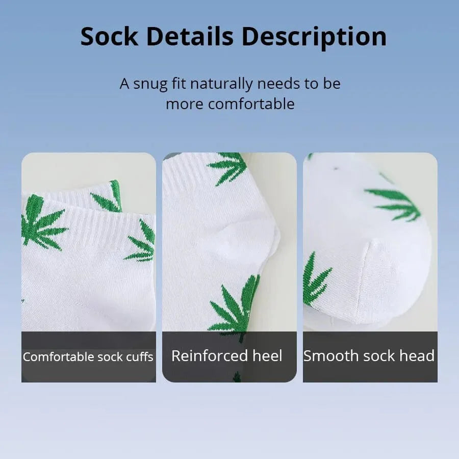 Five pairs of Showlu men's maple leaf hip hop skateboard low top boat socks with trendy street design and comfortable fit.