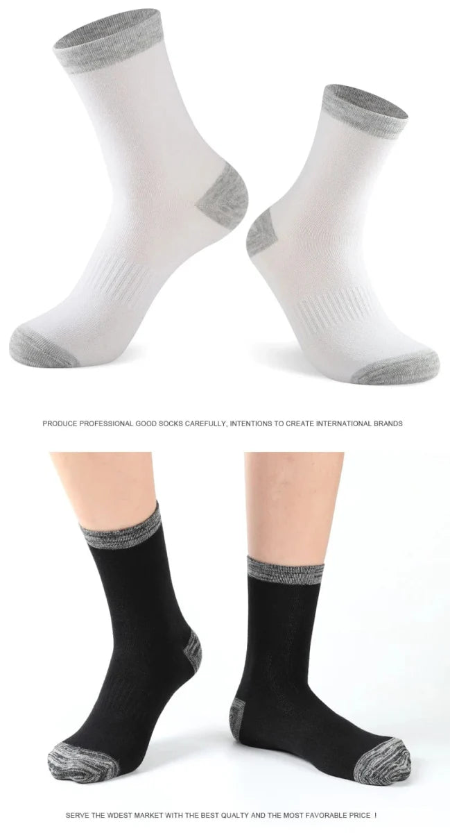 Five pairs of Showlu Fashion Men's cotton crew socks for casual, sports, and hiking in black, size 38-44, comfortable and high quality.