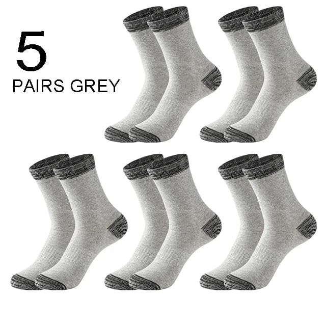 Set of five men's cotton crew socks in black, ideal for casual, sports, and hiking, comfortable fit for sizes 38-44.