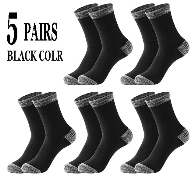 Five pairs of Showlu Fashion men's cotton crew socks in black, suitable for casual, sports, hiking, and winter wear, size 38-44.