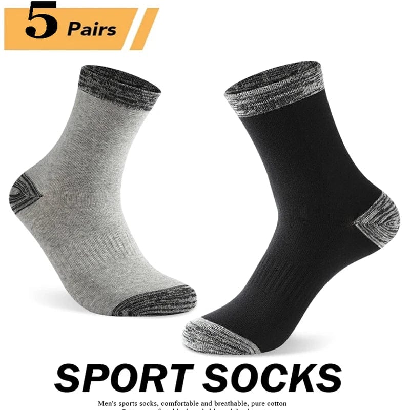Five pairs of Showlu Fashion men's cotton crew socks in black, suitable for casual, sports, and hiking, size 38-44.